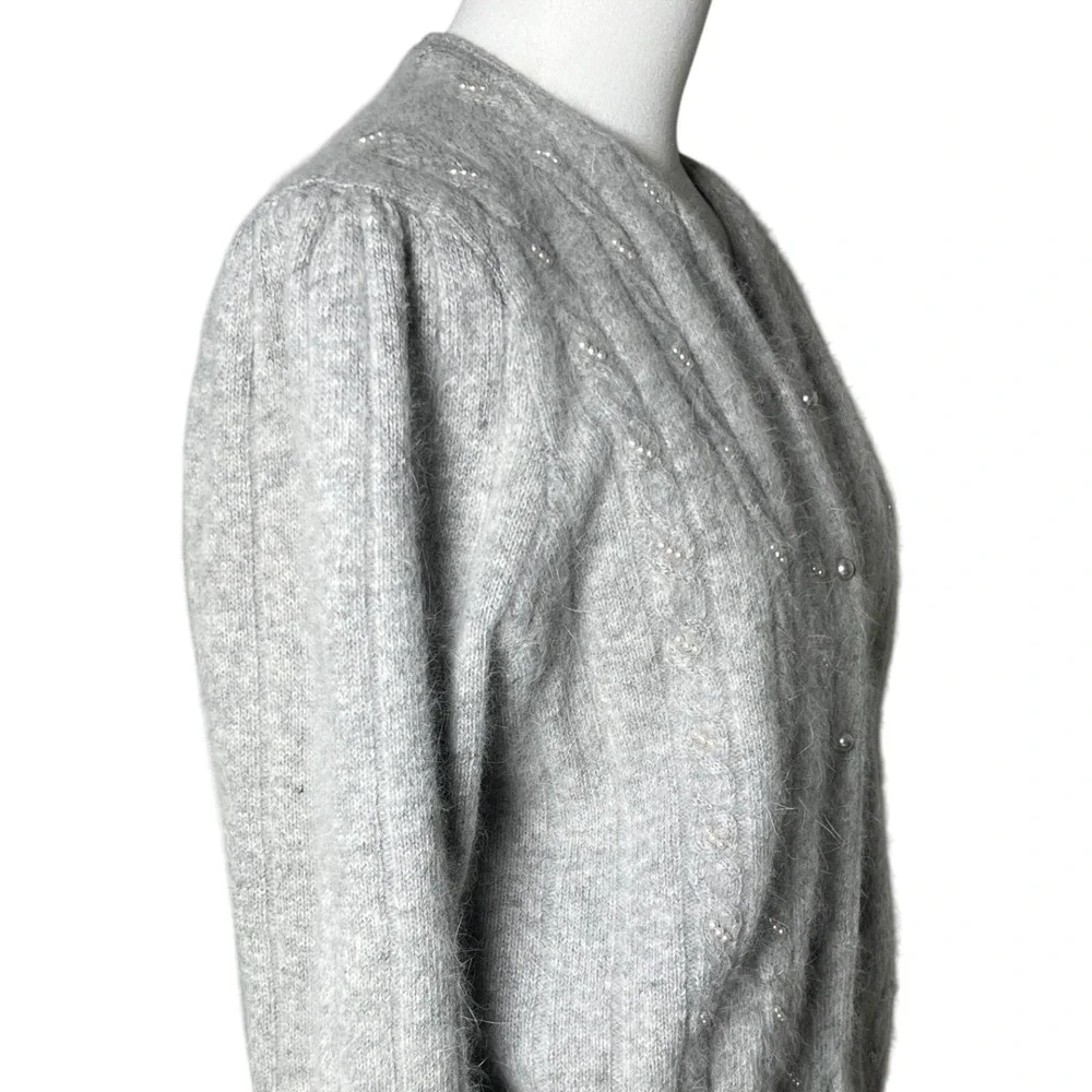Vintage‎ Angora Lambswool Pearl Beaded Cable Knit Cardigan Gray Hong Kong S